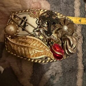 4 Diaper pin, cross, brooches, pin, earrings  4 x 3 inch belt buckle
